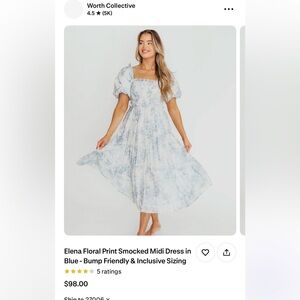 Worth Collective Elena Floral Print Smocked Midi Dress in Blue